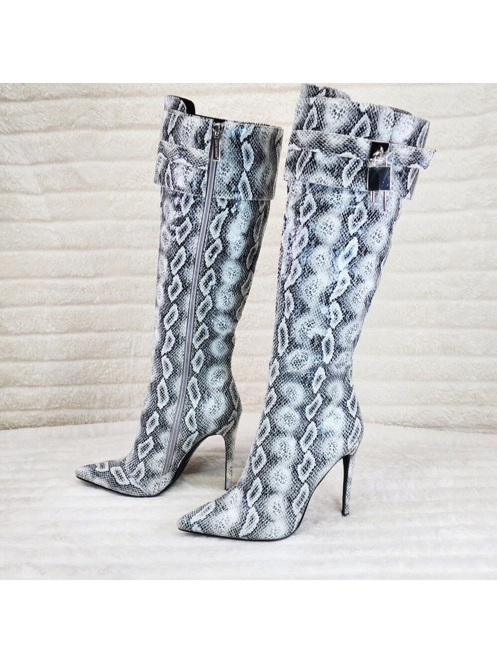 Pearl Snake Print High Heel Knee Boots Pad Lock Brand New
